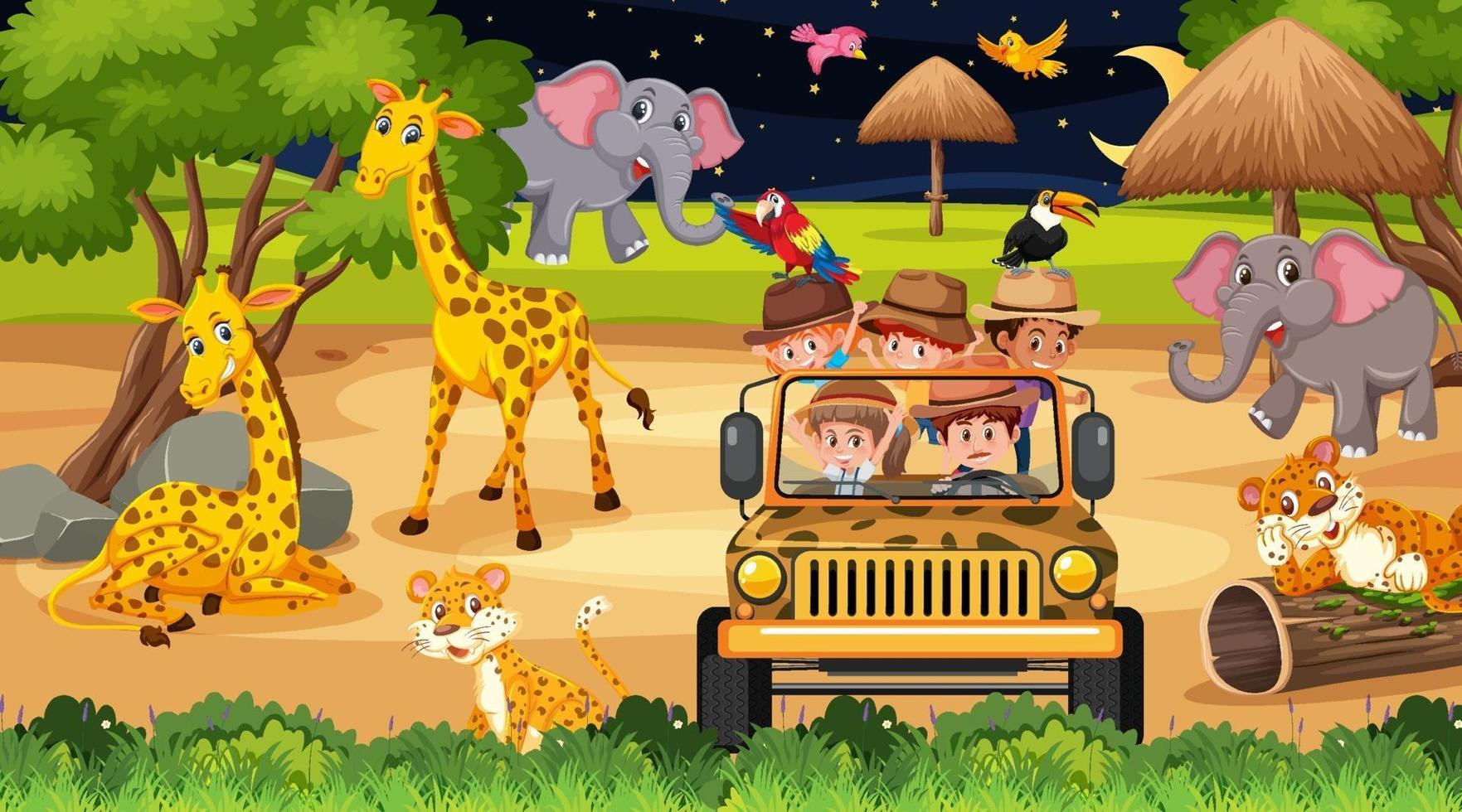 Safari in der Nachtszene mit vielen Kindern, die Tiere beobachten vektor