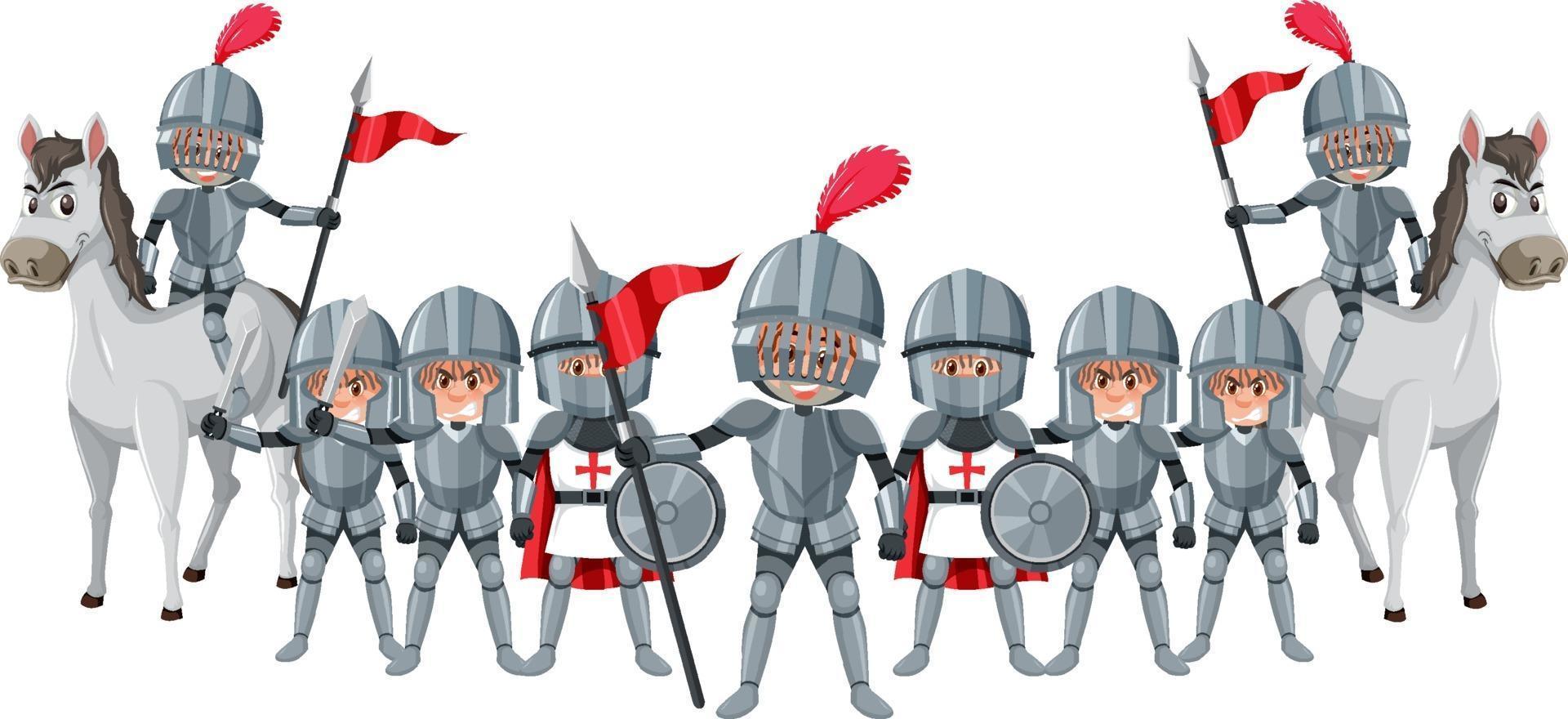 en grupp medeltida riddare på vit bakgrund vektor