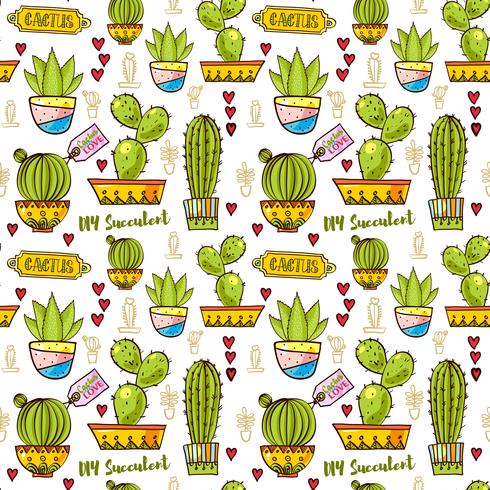 Seamless mönster av kaktusar och succulenter i krukor. vektor