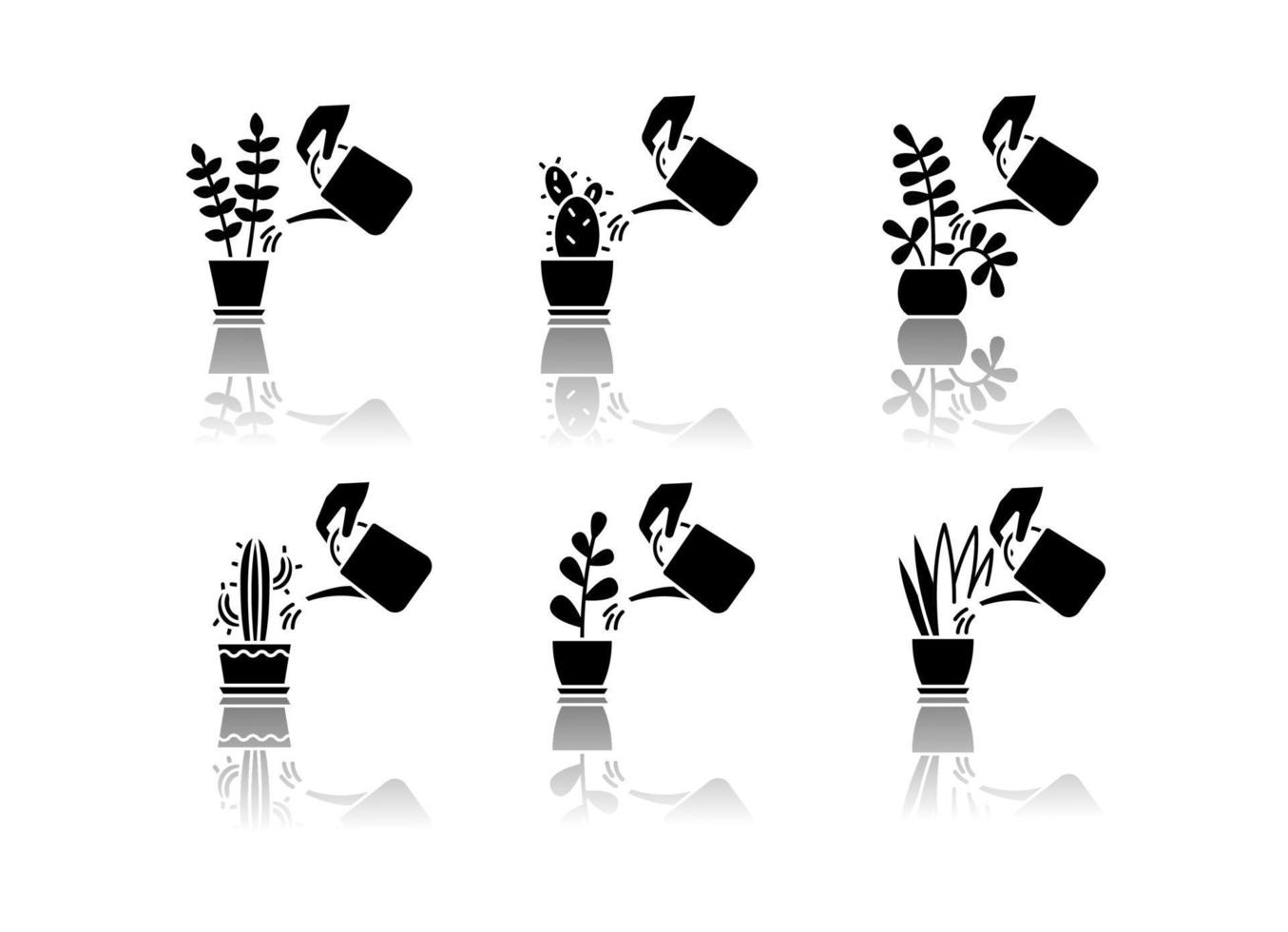 Zimmerpflanzenpflege Schlagschatten schwarze Glyphe Icons Set vektor