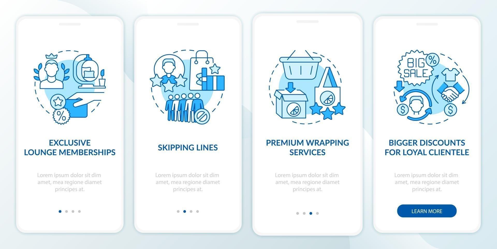 Vorteile des Treueprogramms blauer Onboarding-Bildschirm für die mobile App-Seite vektor