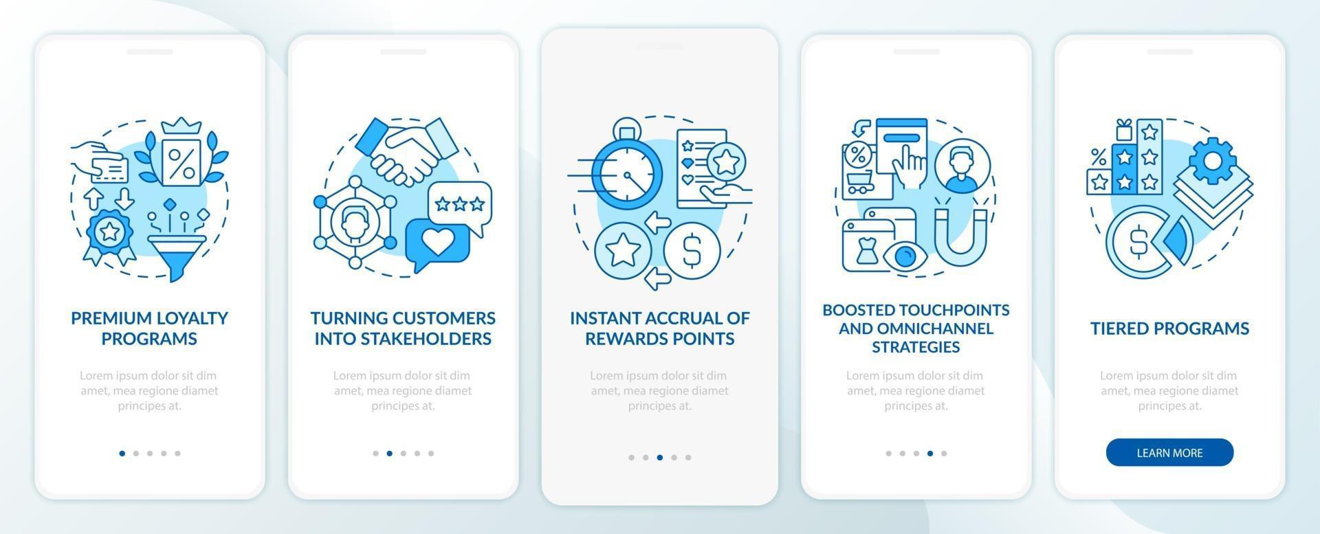 Tendenzen des Treueprogramms blauer Onboarding-Bildschirm der mobilen App-Seite vektor