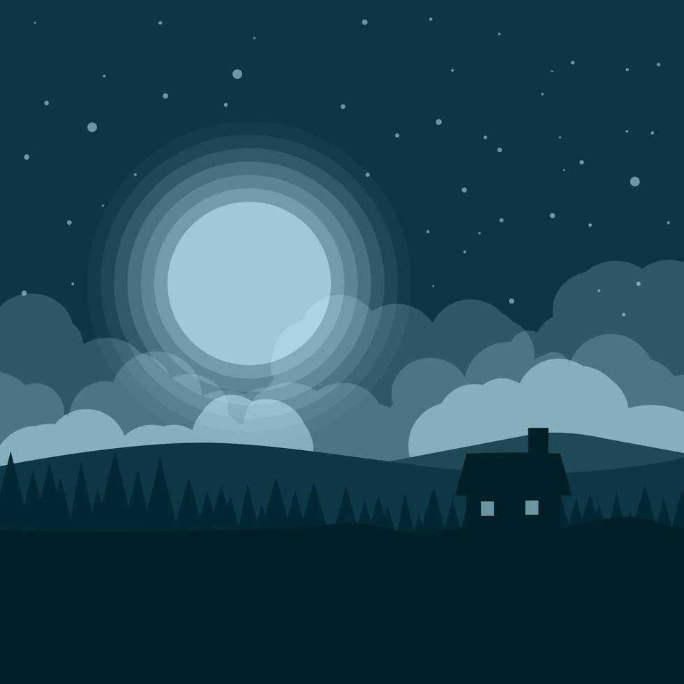 vackert platt nattlandskap med hus och fullmåne vektor