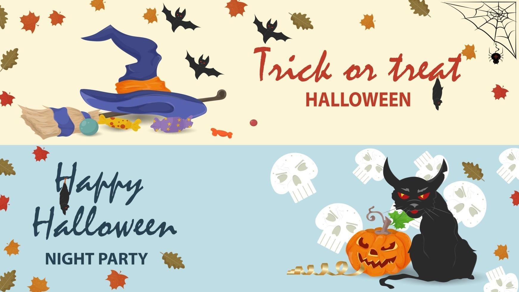 katt och pumpa häxhatt och kvaststick illustration för halloween vektor