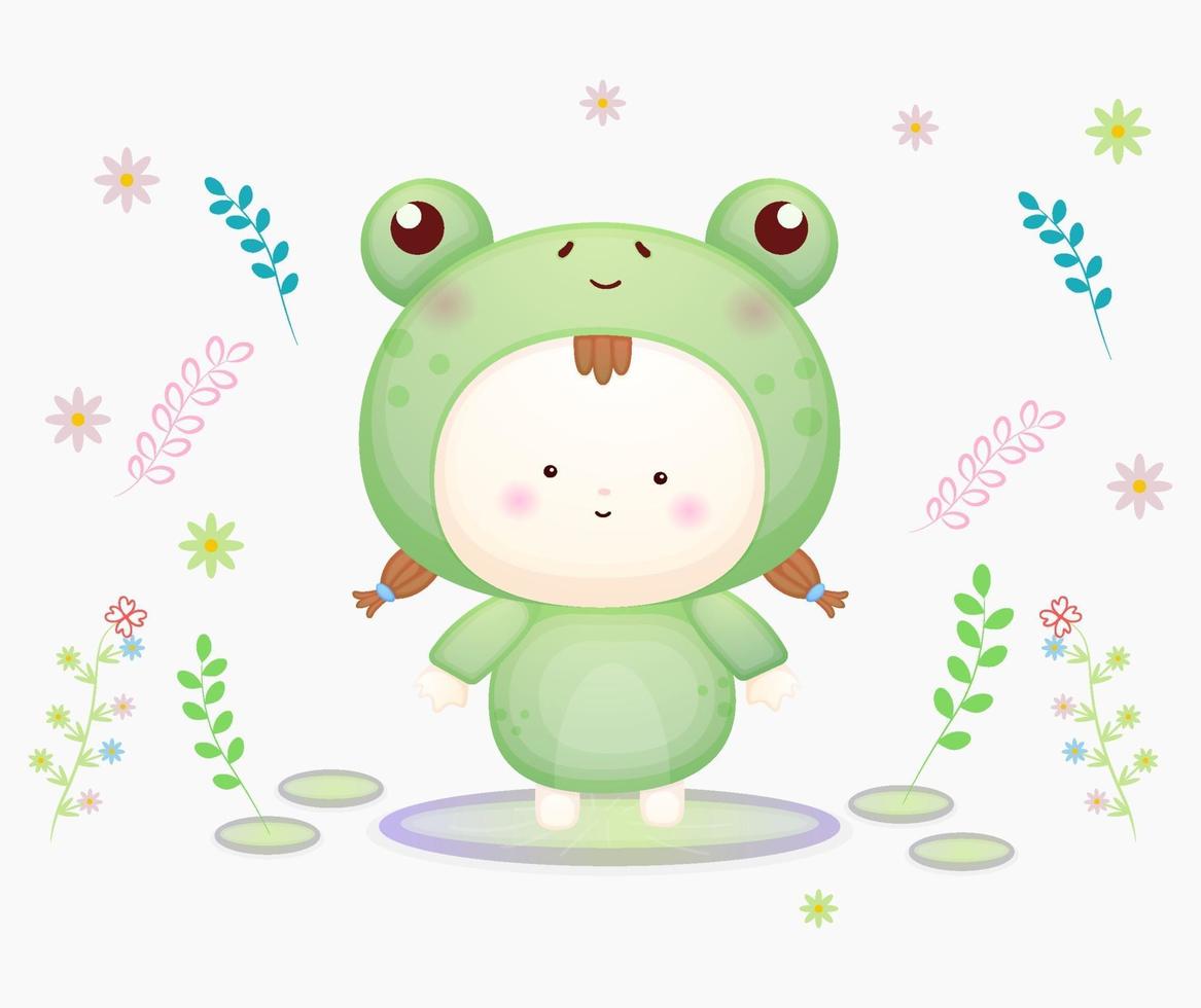 süßes Baby im Froschkostüm. Maskottchen Cartoon Illustration Premium-Vektor vektor