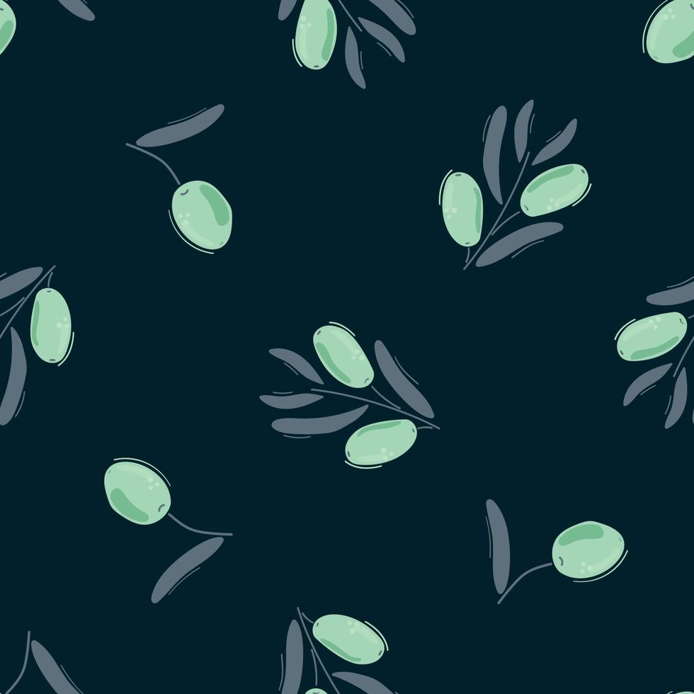 sömlösa mönster av handritade blå oliver på mörkblå bakgrund. vektor