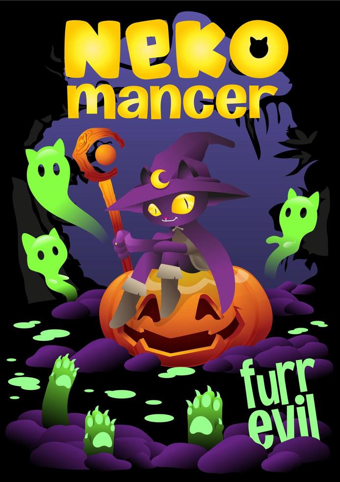 Hexenkatze sitzt auf dem Kürbis, Halloween-Hintergrundillustration vektor