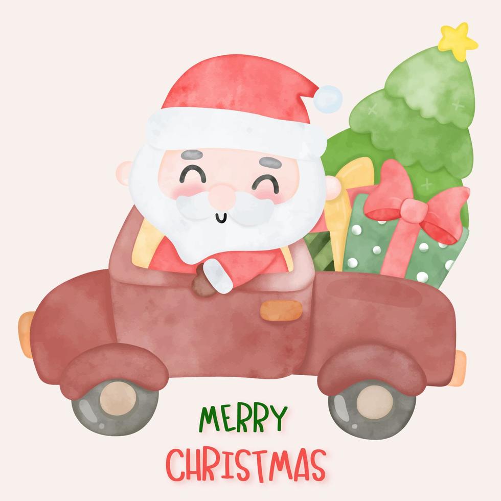 süßer weihnachtsmann fahren auto weihnachtsbaum geschenk cartoon weihnachten kawaii vektor