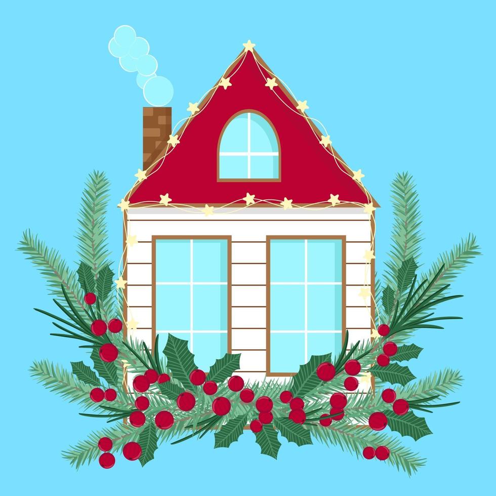 Winterhaus dekoriert mit Tannenzweigen Beeren und Lichtern vektor