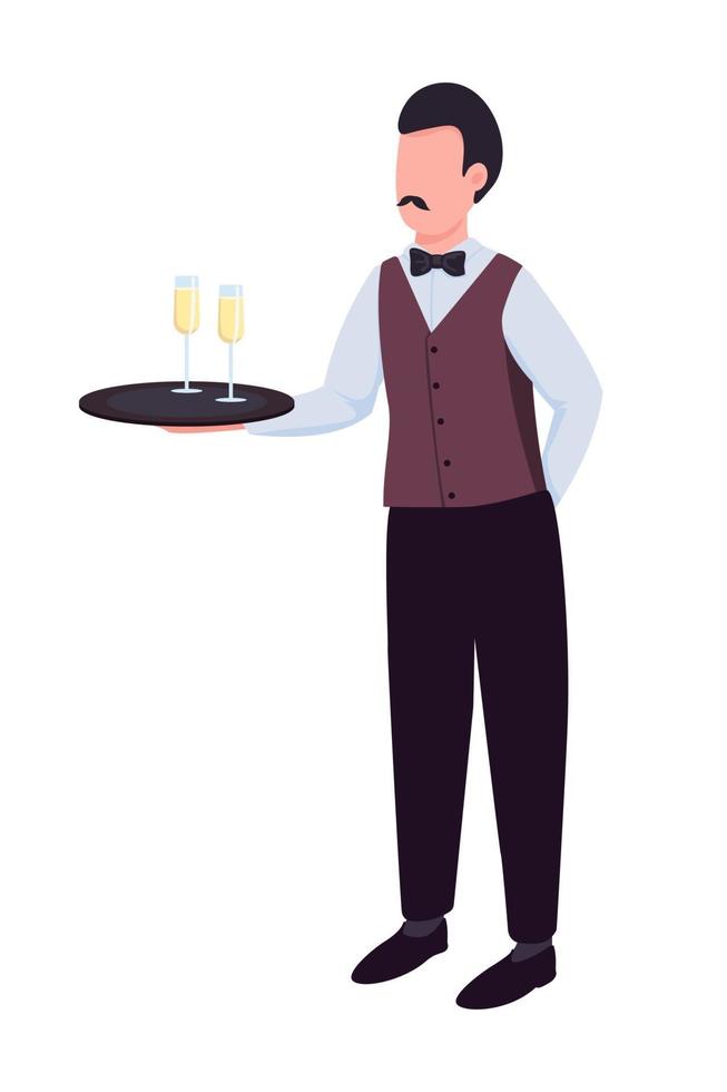 servitör med mousserande vin på brickan halv platt färg karaktär vektor