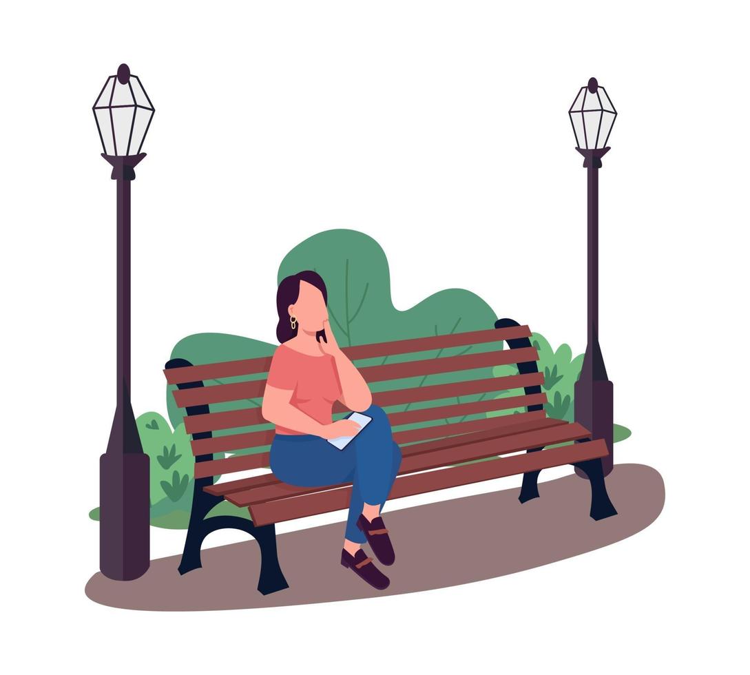 kvinna som sitter på bänk i park halv platt färg karaktär vektor