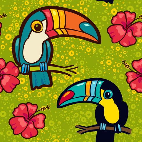 Toucan och Hibiscus. Tropiskt grönt sömlöst mönster. vektor