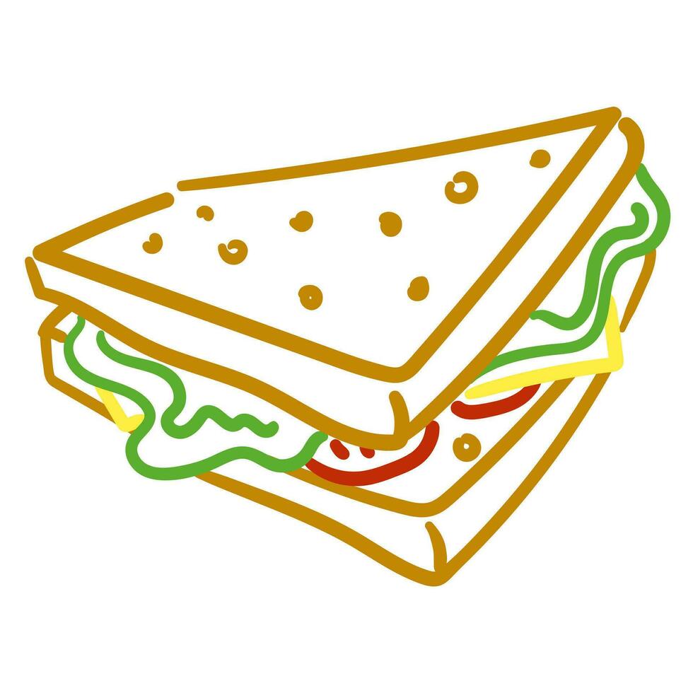 Vektor Grafik mit ein konturiert Sandwich auf ein Weiß Hintergrund. eben linear Design. Design von Flugblätter, Postkarten, Flyer, Cafés, Gaststätten. eben Essen Illustration. Sandwich