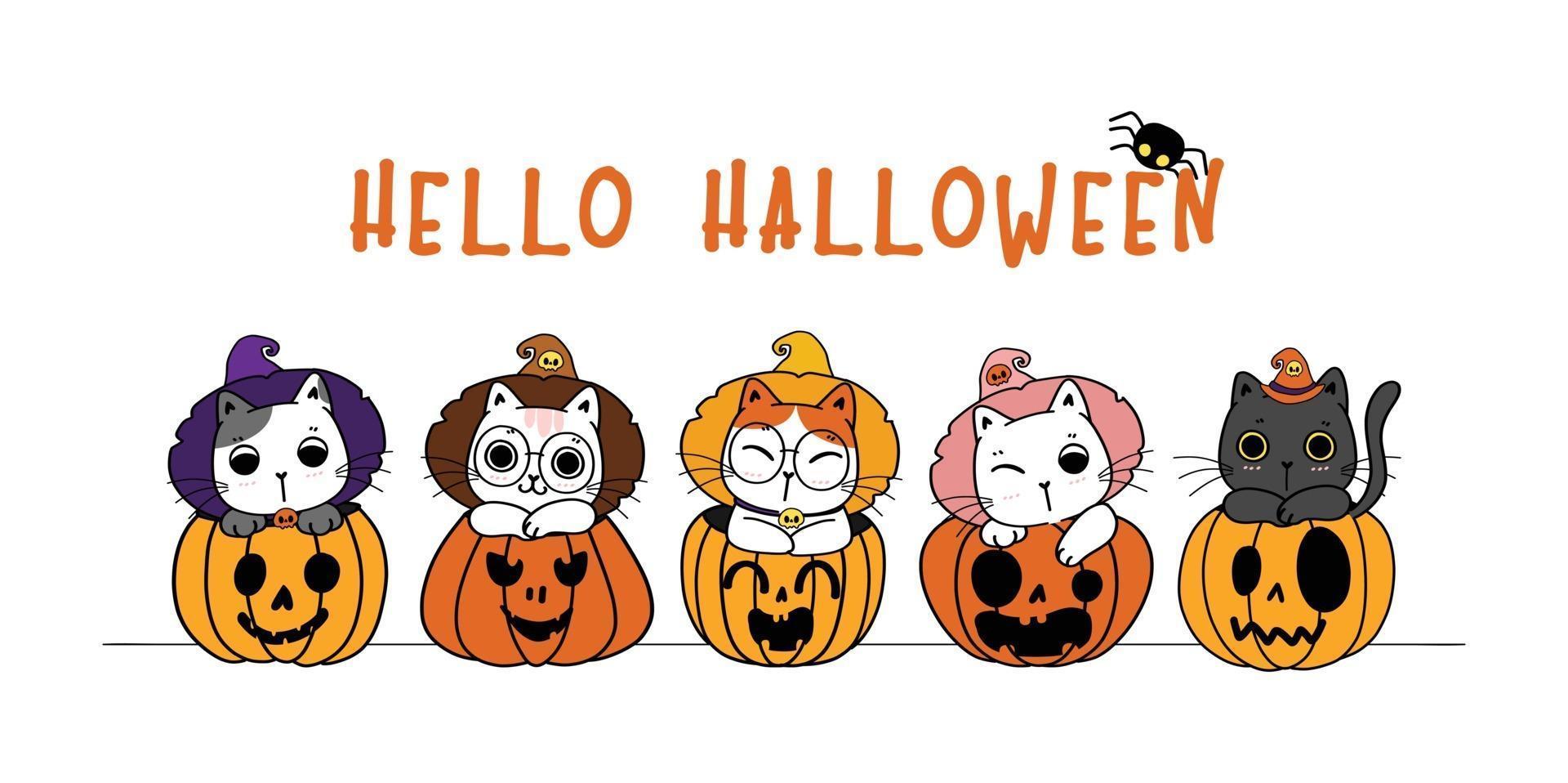 süße glückliche halloween banner lustige kätzchen katzenkostüm kürbis cartoon vektor