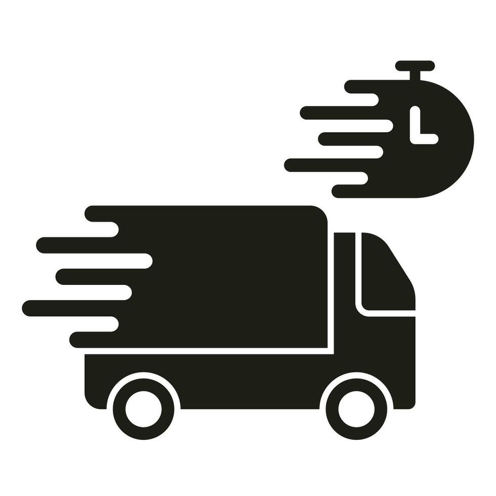 schnell Lieferung Bedienung Silhouette Symbol. ausdrücken Versand Glyphe Piktogramm. Sendung Zeit solide unterzeichnen. Geschwindigkeit LKW mit Uhr Symbol, schnell Transport. isoliert Vektor Illustration.