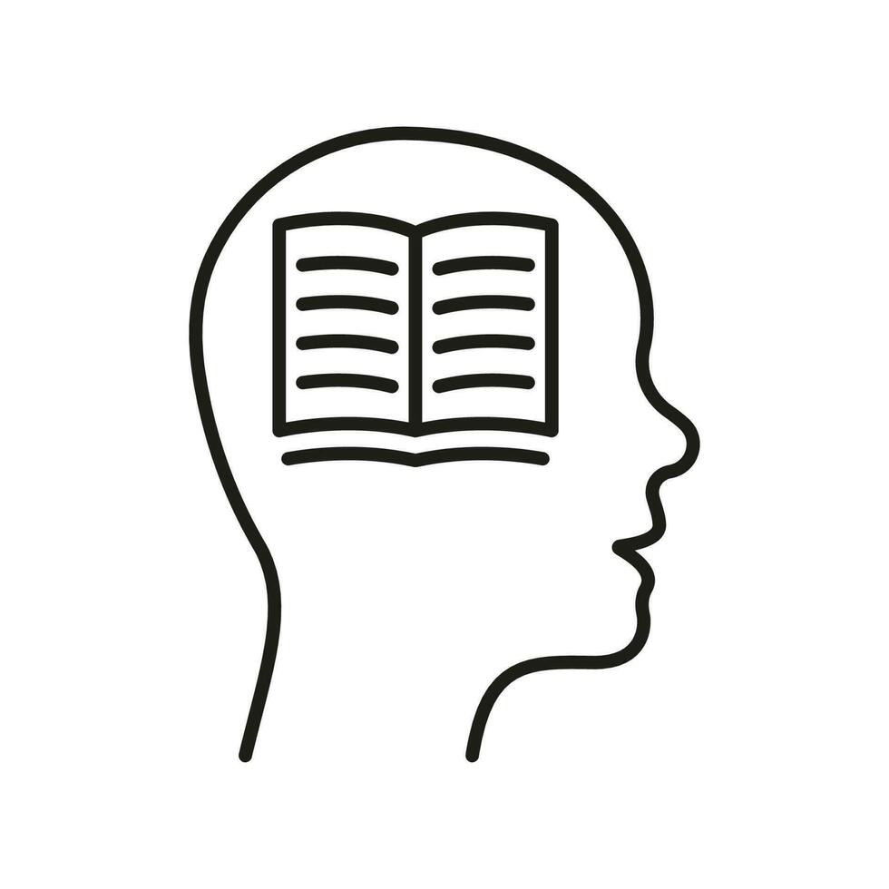 inlärning, kunskap, utbildning linje ikon. bok i mänsklig huvud linjär piktogram. studerande hjärna och kreativ aning översikt tecken. intellektuell bearbeta. redigerbar stroke. isolerat vektor illustration.