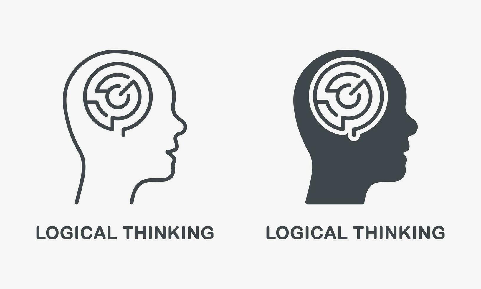 logisk tänkande, labyrint i mänsklig huvud silhuett och linje ikon uppsättning. mental cirkel labyrint piktogram. psykologi, kreativ intellektuell inre bearbeta symbol samling. isolerat vektor illustration.