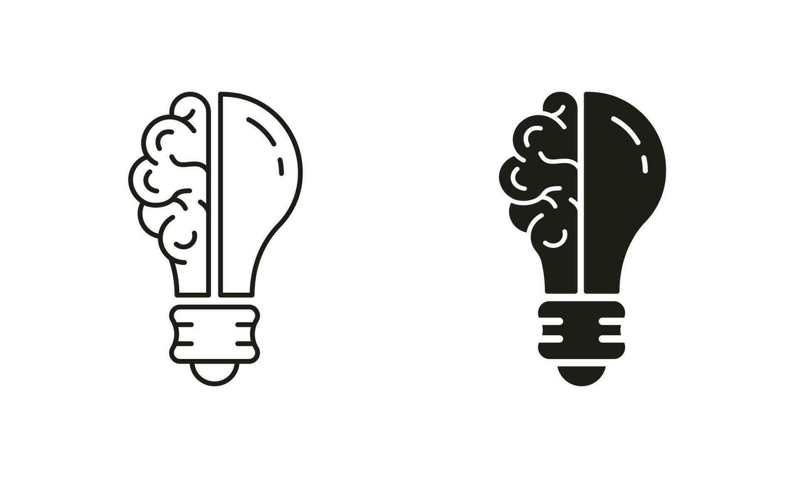 ljus Glödlampa inspiration, kunskap, smart lösning linje och silhuett ikon uppsättning. mänsklig hjärna och glödlampa aning piktogram. innovation symbol på vit bakgrund. isolerat vektor illustration.