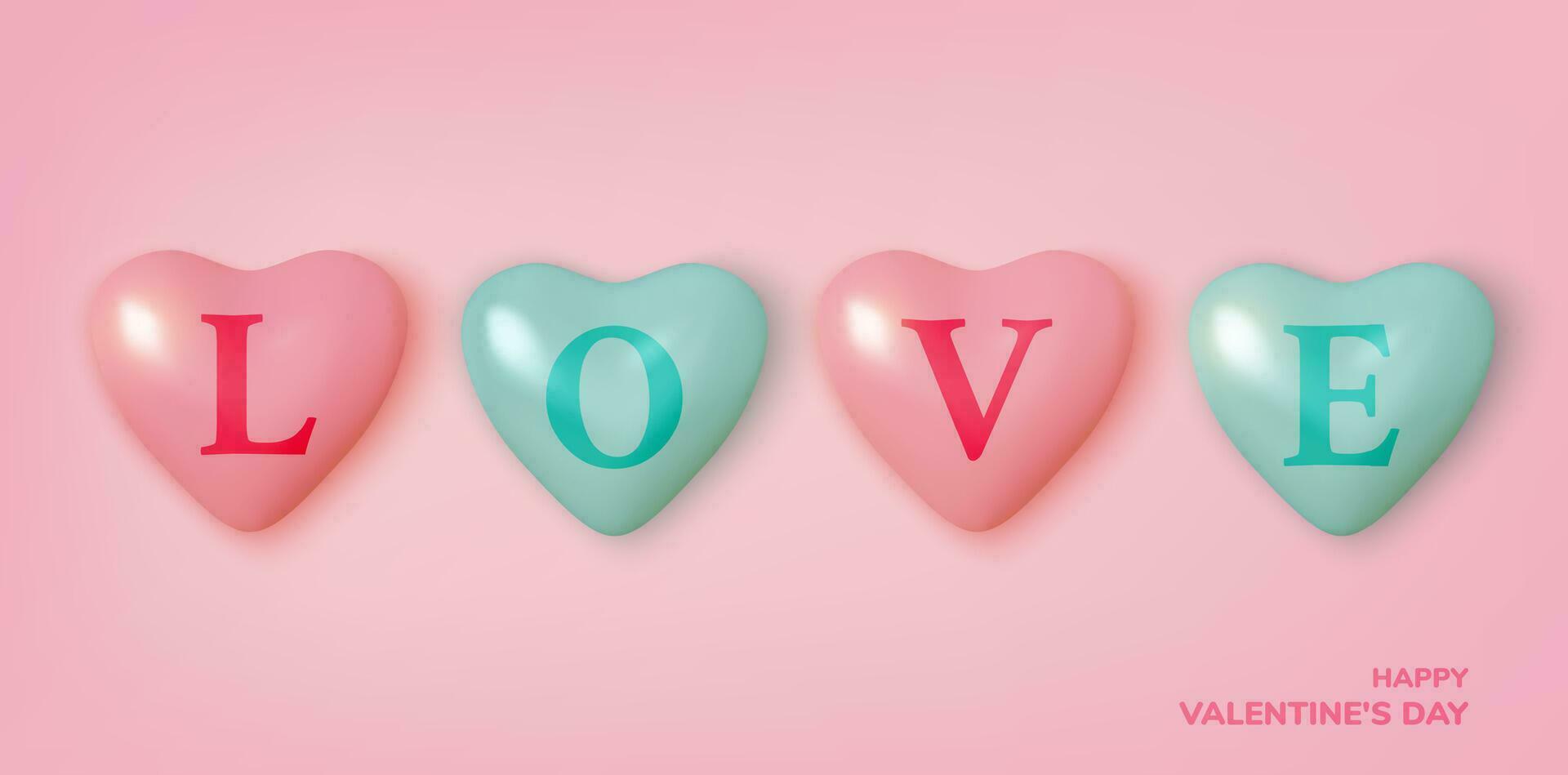 Valentinsgrüße Tag Gruß Karte. realistisch 3d Rosa und Blau Luftballons Herzen und Sterne. Liebe und Hochzeit. Vorlage zum Produkte, Netz Banner und Flugblätter. Vektor Illustration