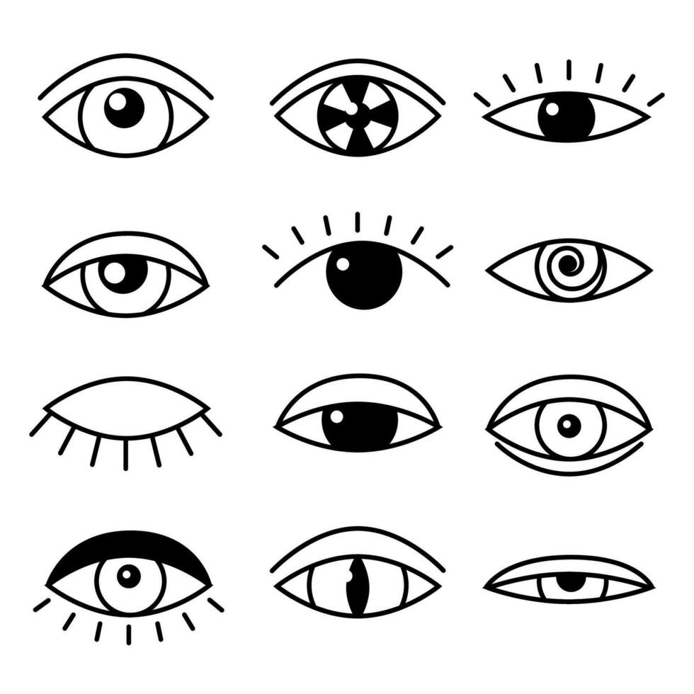 eben einstellen mit schwarz Gliederung Auge auf Weiß Hintergrund. offen, Schlafen und geschlossen Augen. Logo Element Vektor Illustration