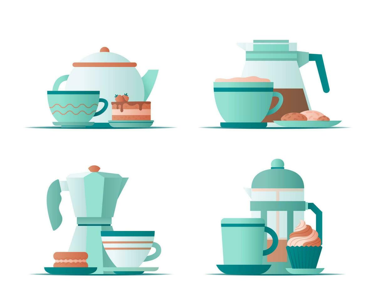 anders Tassen, Kaffee Wasserkocher und Süss Nachtisch. Becher Tee Kaffee, Französisch Drücken Sie, Geysir Kaffee Hersteller nehmen Weg heiß Getränke. eben Vektor Illustration.