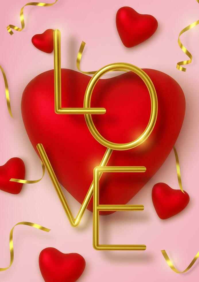 valentines dag hälsning kort. realistisk 3d röd hjärtan i glitter vektor