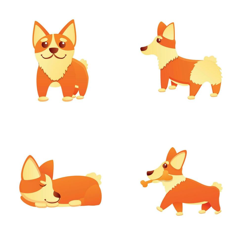 corgi hund ikoner uppsättning tecknad serie vektor. söt stående löpning och liggande hund vektor