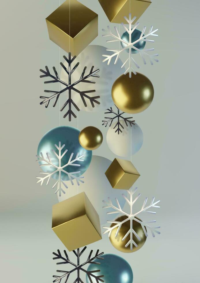 realistisch Kugeln und Würfel. abstrakt Hintergrund von Primitive geometrisch Zahlen. realistisch 3d Illustration von schimmernd metallisch Schneeflocke. Gruß Karte, Einladung glücklich Neu Jahr und Weihnachten. vektor