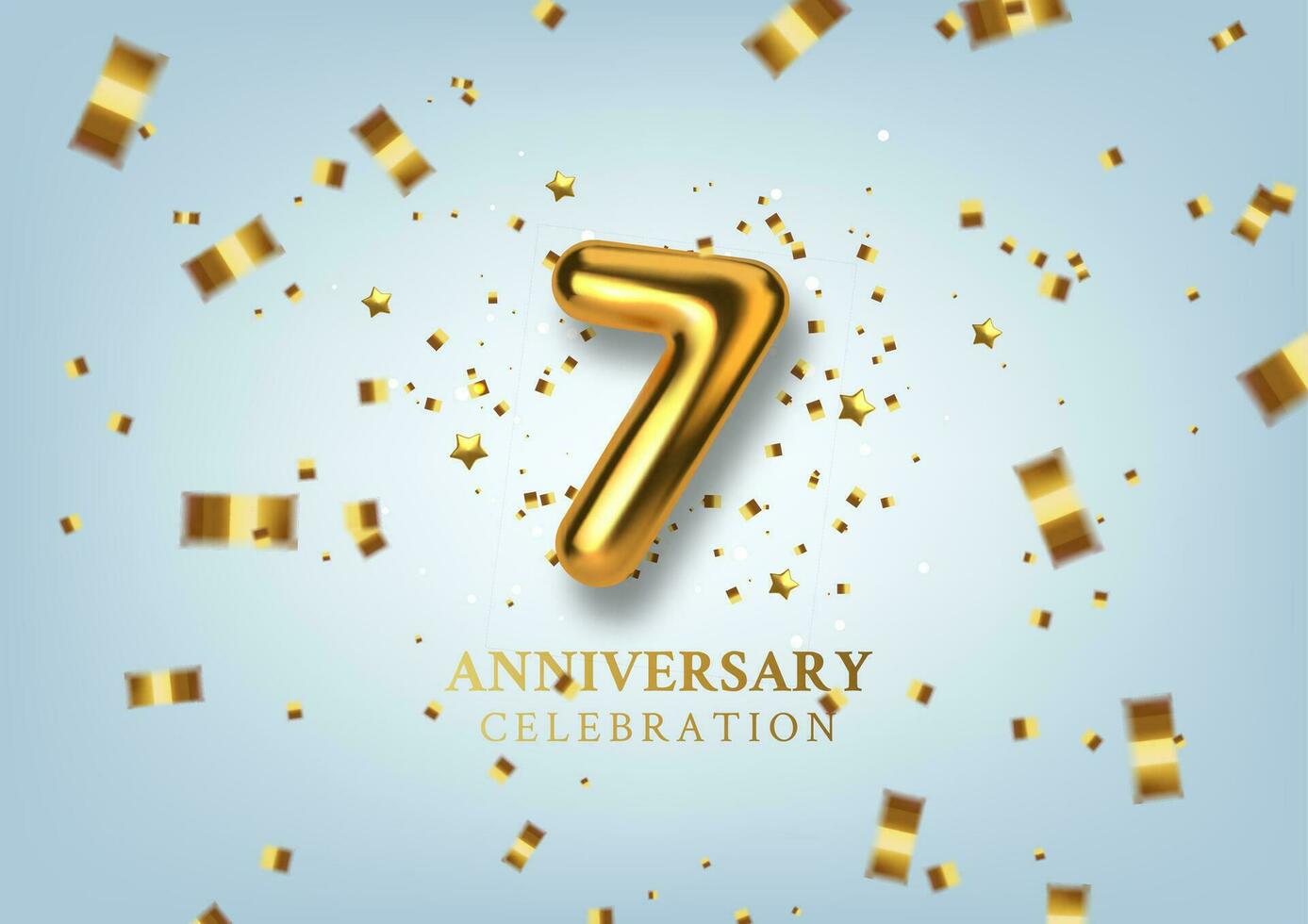 7:e årsdag firande. siffra i de form av gyllene ballonger. realistisk 3d guld tal och gnistrande konfetti, serpentin. horisontell mall för födelsedag eller bröllop händelse. vektor