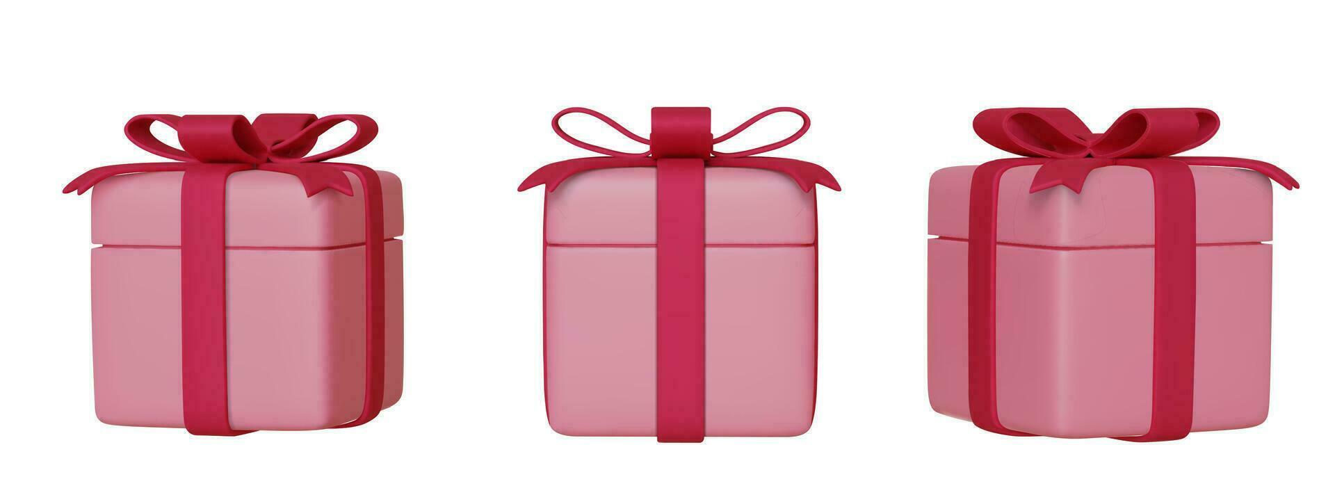 uppsättning av realistisk rosa 3d gåvor låda med bågar och band, isolerat på vit bakgrund. vektor illustration