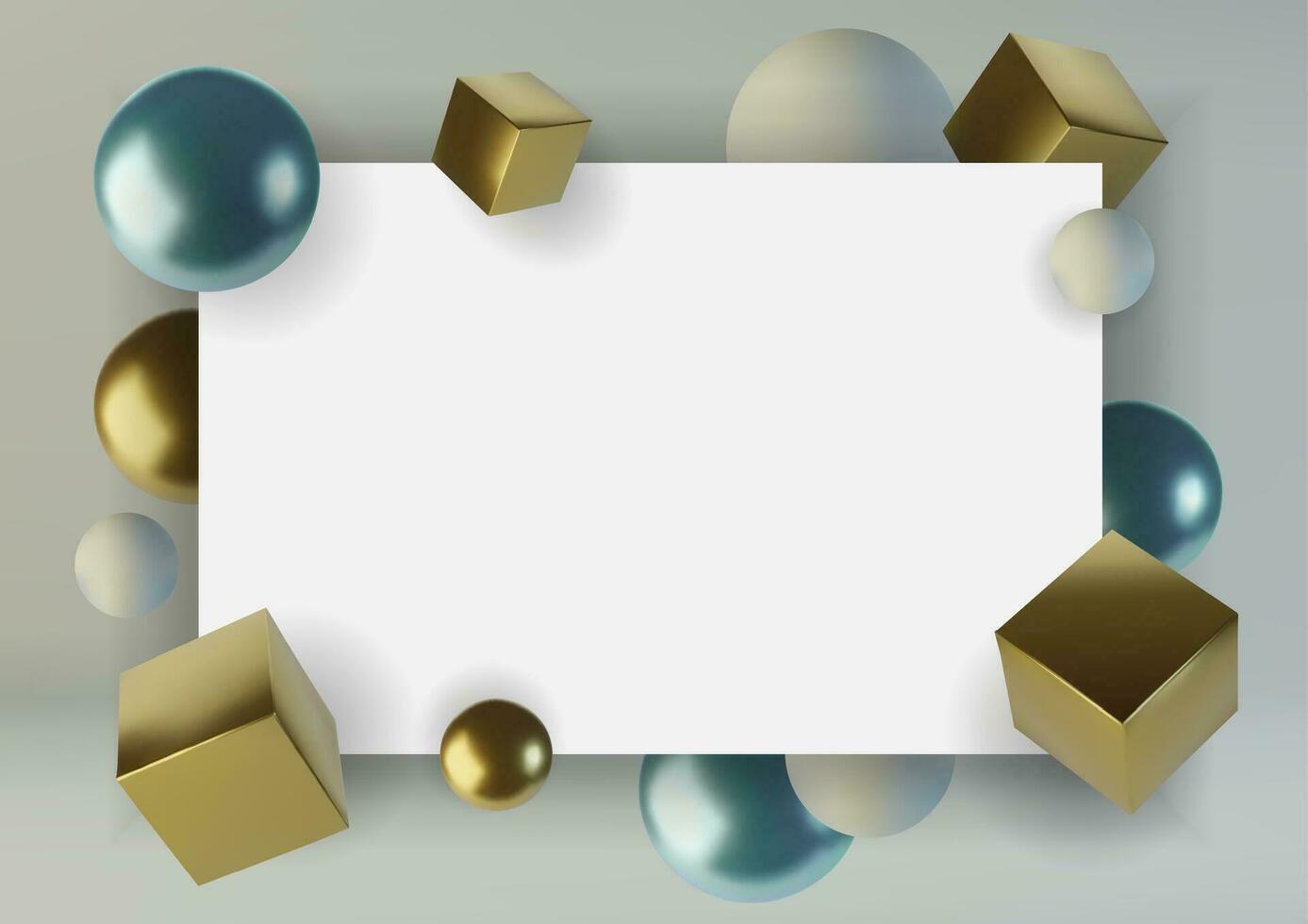 realistisch Kugeln und Würfel. abstrakt Hintergrund von Primitive geometrisch Zahlen. Design Element von 3d golden und Blau Ball und Kasten. Vektor Illustration