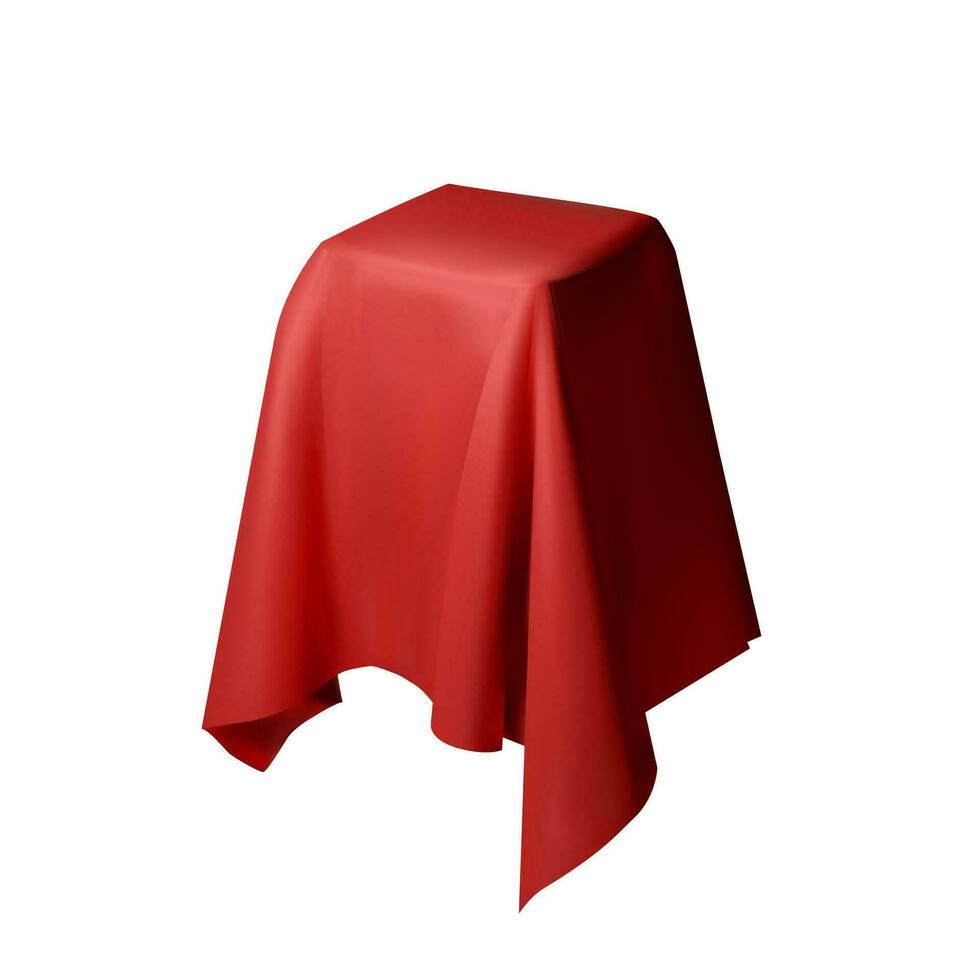 realistisch Vorhänge Stoff 3d. Box bedeckt mit rot Seide Stoff isoliert auf Weiß Hintergrund. Box von Tricks und Magie. Tabelle zum Ausstellung Objekte. Vektor Illustration