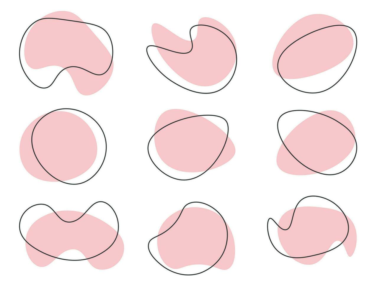 uppsättning av organisk droppar formad i abstrakt rosa Färg med linje vektor illustration isolerat på transparent bakgrund. klotter falla med översikt cirkel. menfica stil