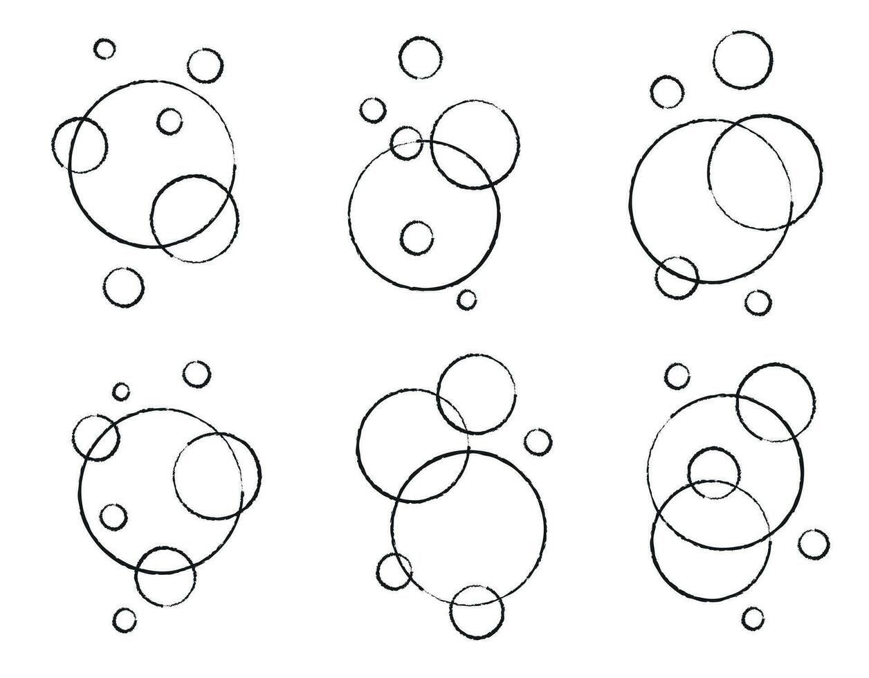 uppsättning av platt linje bubblor tillverkad förbi borstar. tvål skum, kolsyrad dryck, syre bubbla piktogram, vektor illustration.