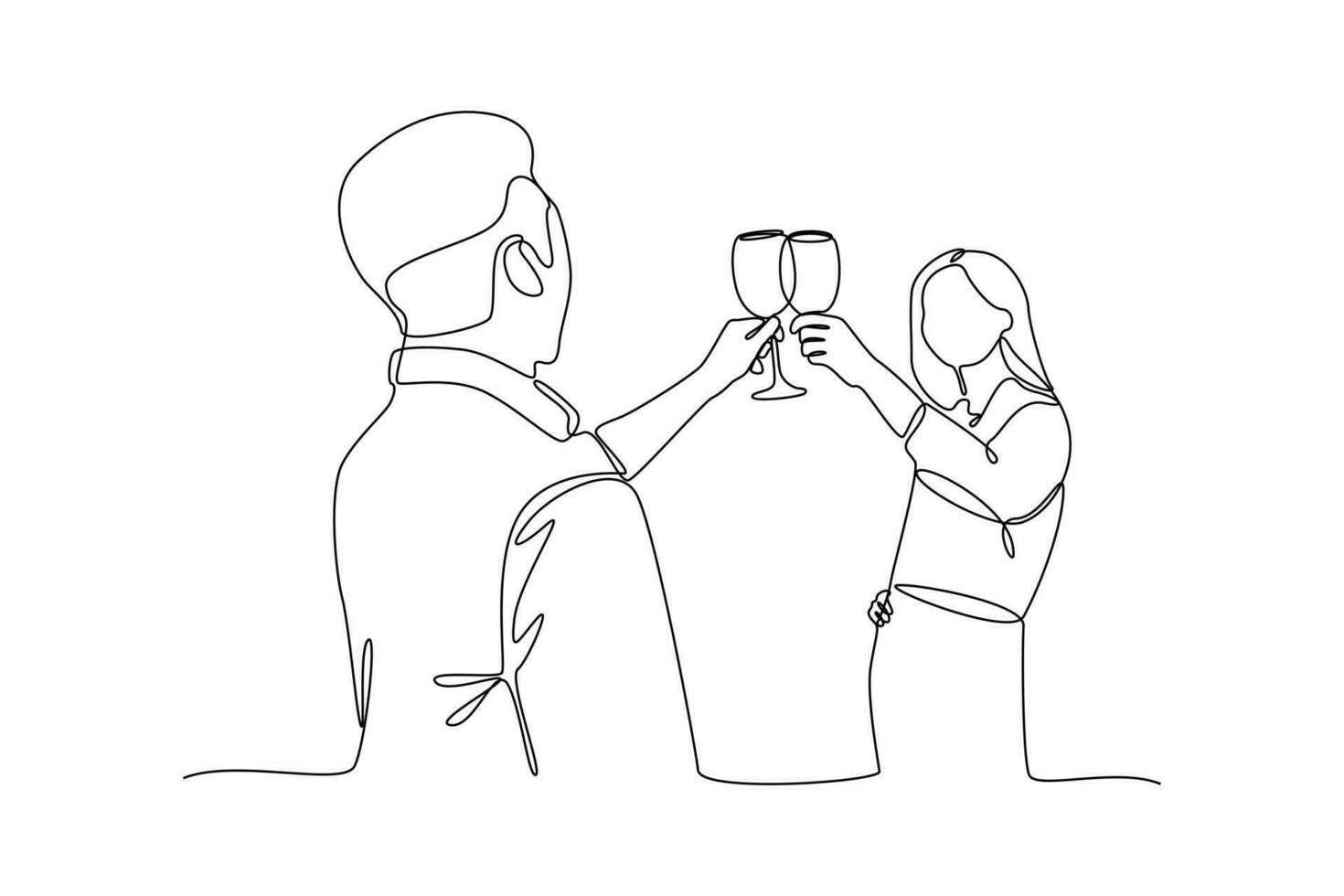 einer kontinuierlich Linie Zeichnung von glücklich Menschen Klirren Brille und Trinken beim feierlich Party. freunde Konzept. Gekritzel Vektor Illustration im einfach linear Stil.
