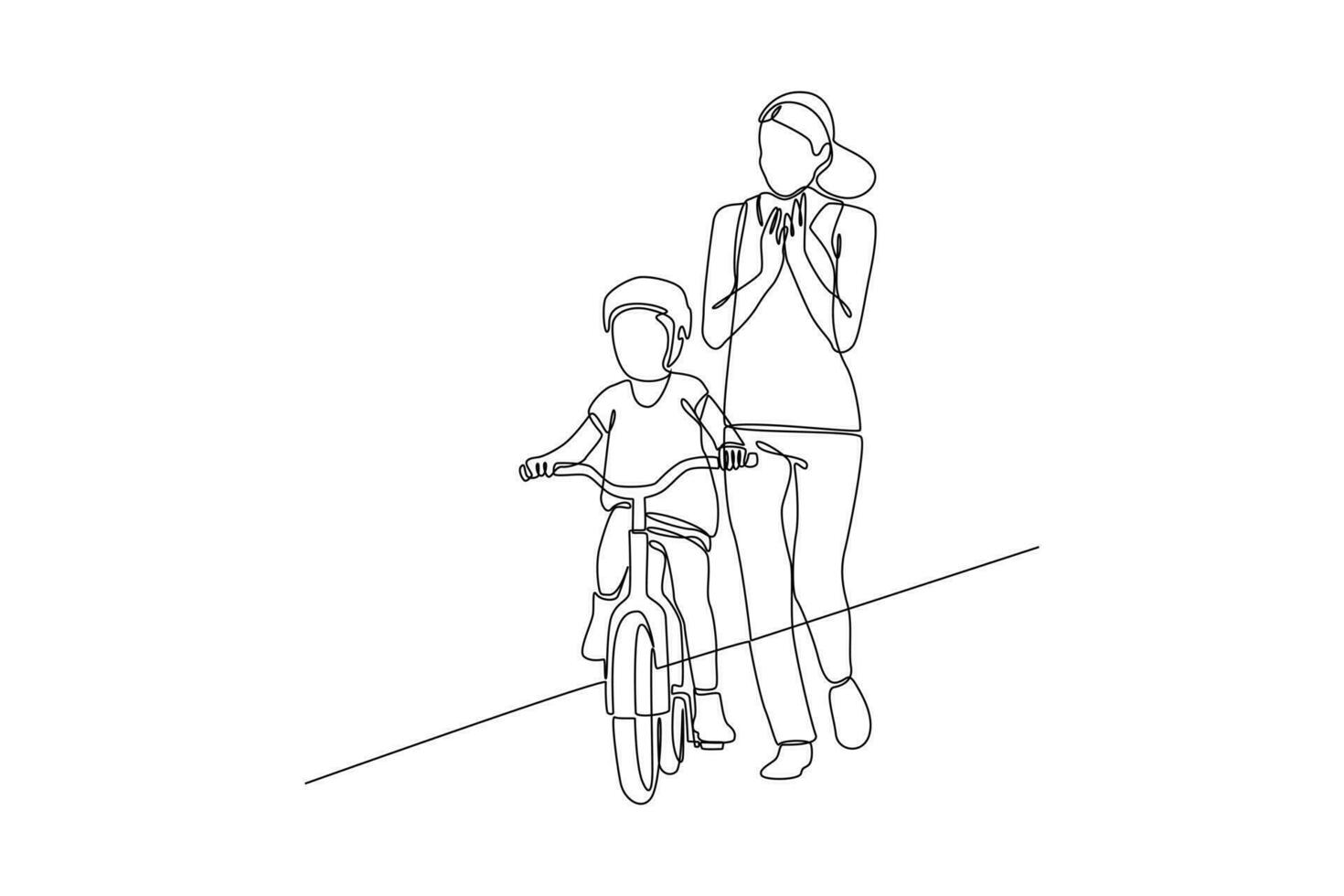 kontinuierlich einer Linie Zeichnung glücklich Eltern mit ihr Kind Reiten Fahrrad zusammen. Vektor Illustration.