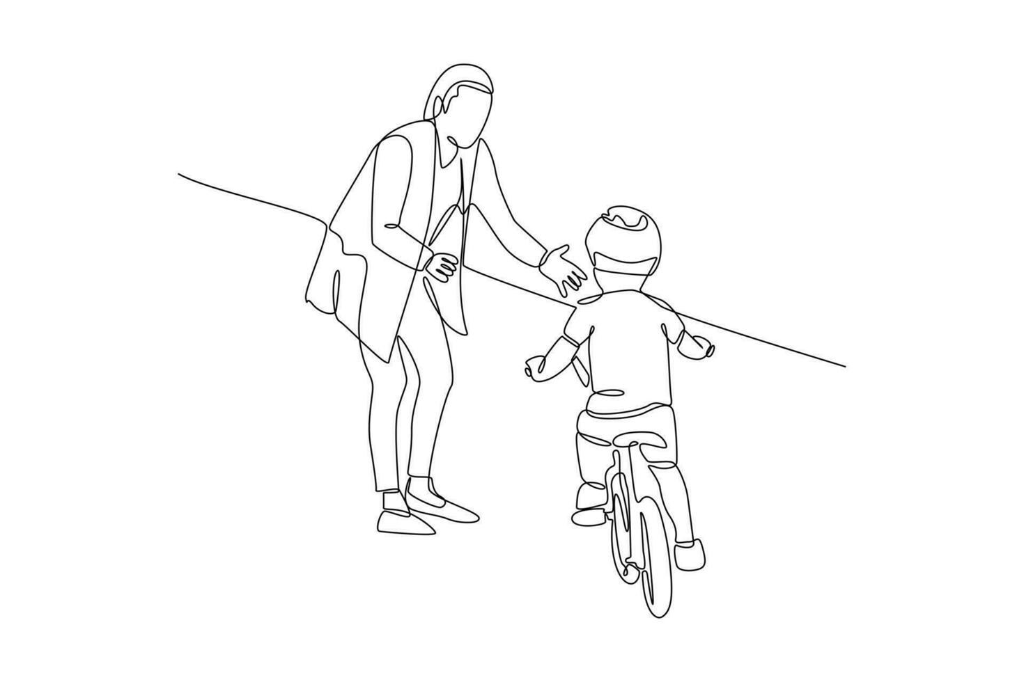 kontinuierlich einer Linie Zeichnung glücklich Eltern mit ihr Kind Reiten Fahrrad zusammen. Vektor Illustration.