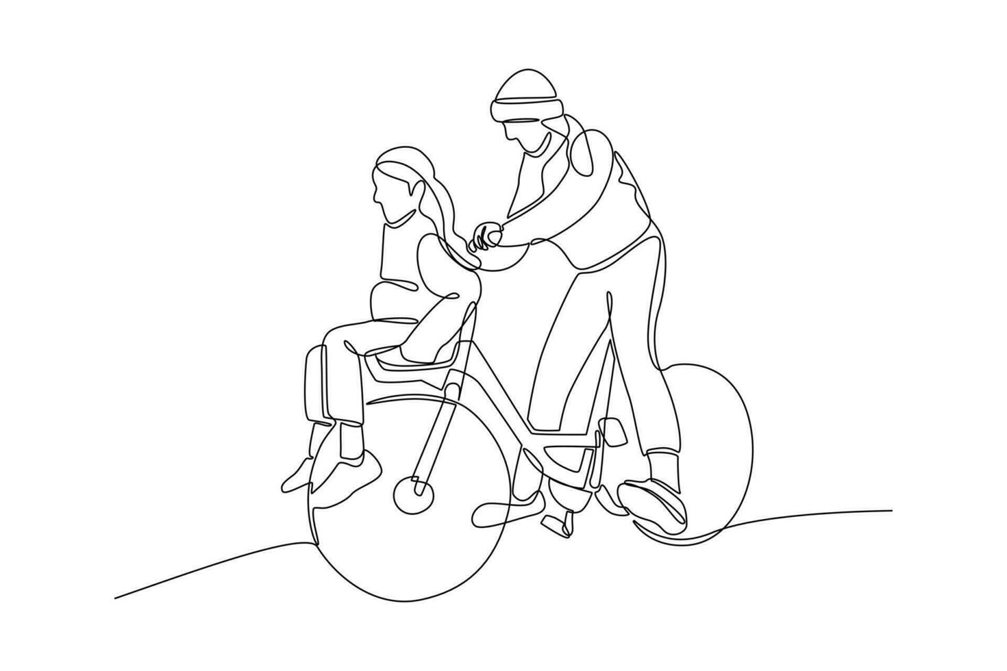 kontinuerlig ett linje teckning Lycklig föräldrar med henne barn ridning cykel tillsammans. vektor illustration.