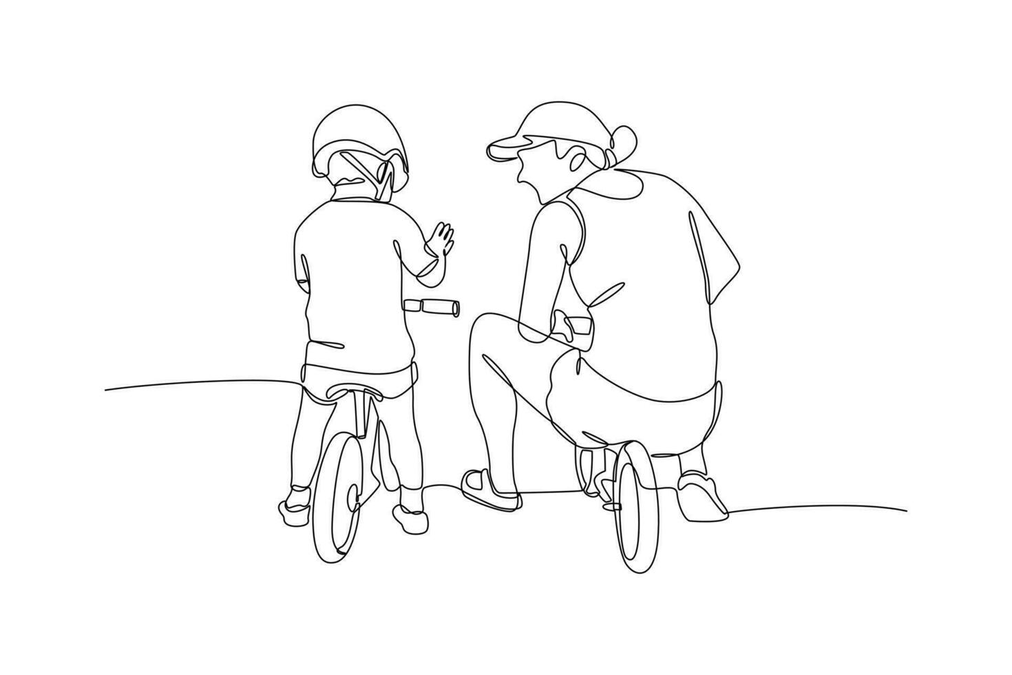 kontinuerlig ett linje teckning Lycklig föräldrar med henne barn ridning cykel tillsammans. vektor illustration.