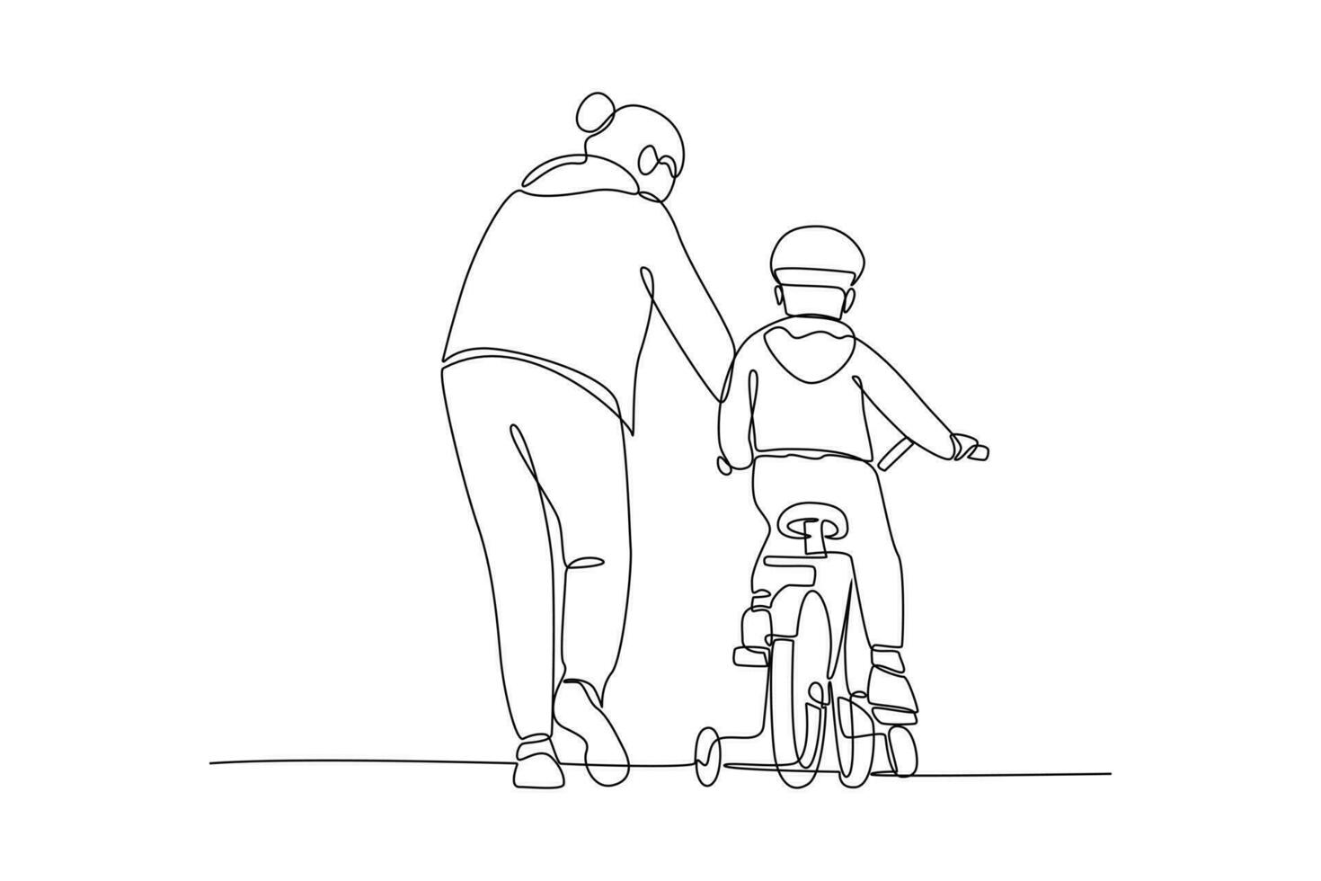 kontinuerlig ett linje teckning Lycklig föräldrar med henne barn ridning cykel tillsammans. vektor illustration.