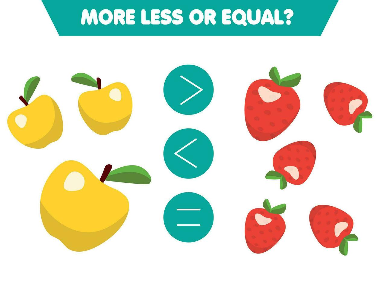 Mer, mindre eller likvärdig äpple och jordgubbe. pedagogisk matematik spel för barn. bok vektor