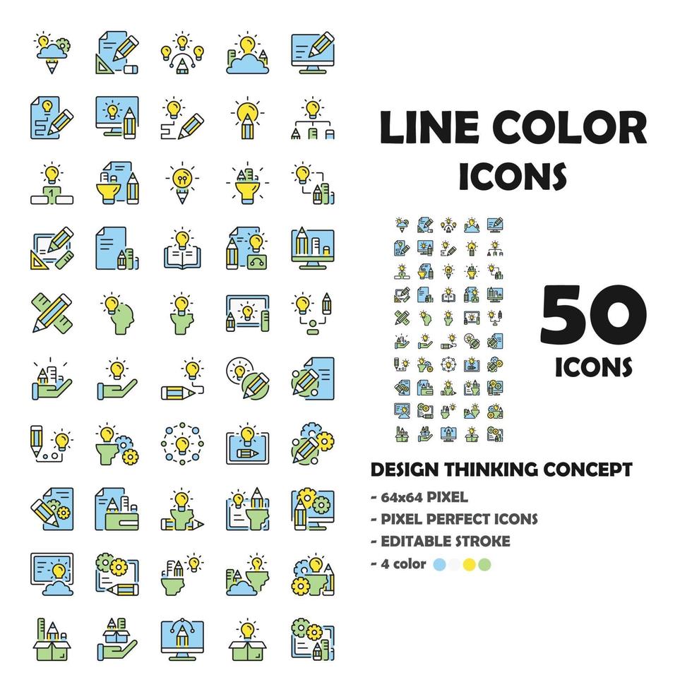 50 Icons Set von Design Thinking Line Icons. wie Glühbirne, Stift, Papier. vektor
