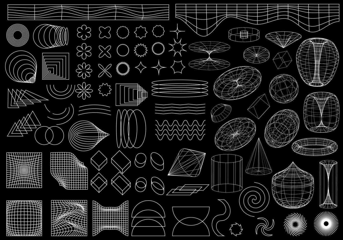 geometrisk trådmodell formulär. abstrakt bakgrunder, mönster, cyberpunk element i en modern psychedelic rave stil. retro-futuristisk estetik av de 00-talet 2000. vektor