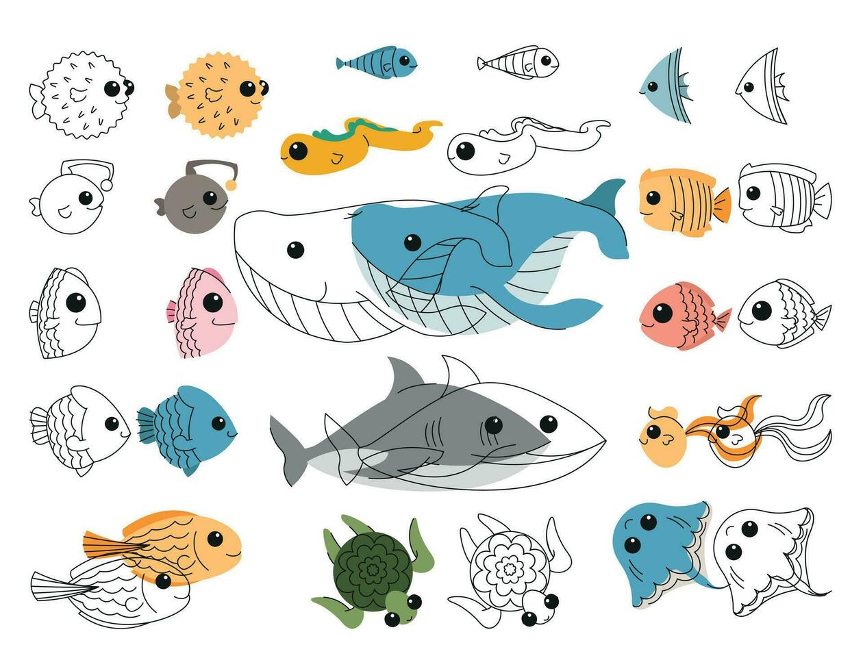 Fisch Färbung Buch Satz, Vektor Design zum Kinder Bildung, Kind lehrreich Spiel Buchseite.