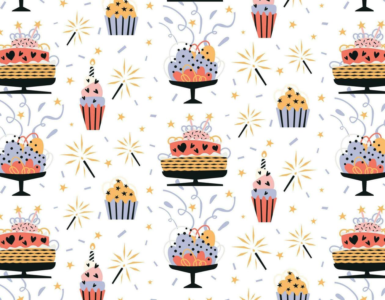 Kuchen und Cupcake Muster, nahtlos Muster, eben Design auf transparent Hintergrund, Vektor. Feuerwerk und Sterne vektor