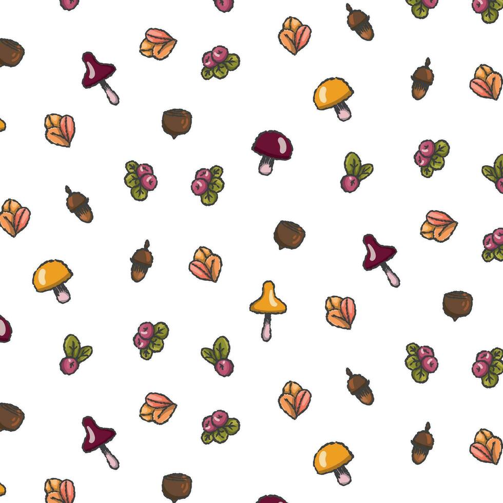 minimalistisch Muster Herbst Pilze und Blätter, Beeren, auf ein transparent Hintergrund, nahtlos Muster, einfach Design gezeichnet mit ein Bürste, Vektor