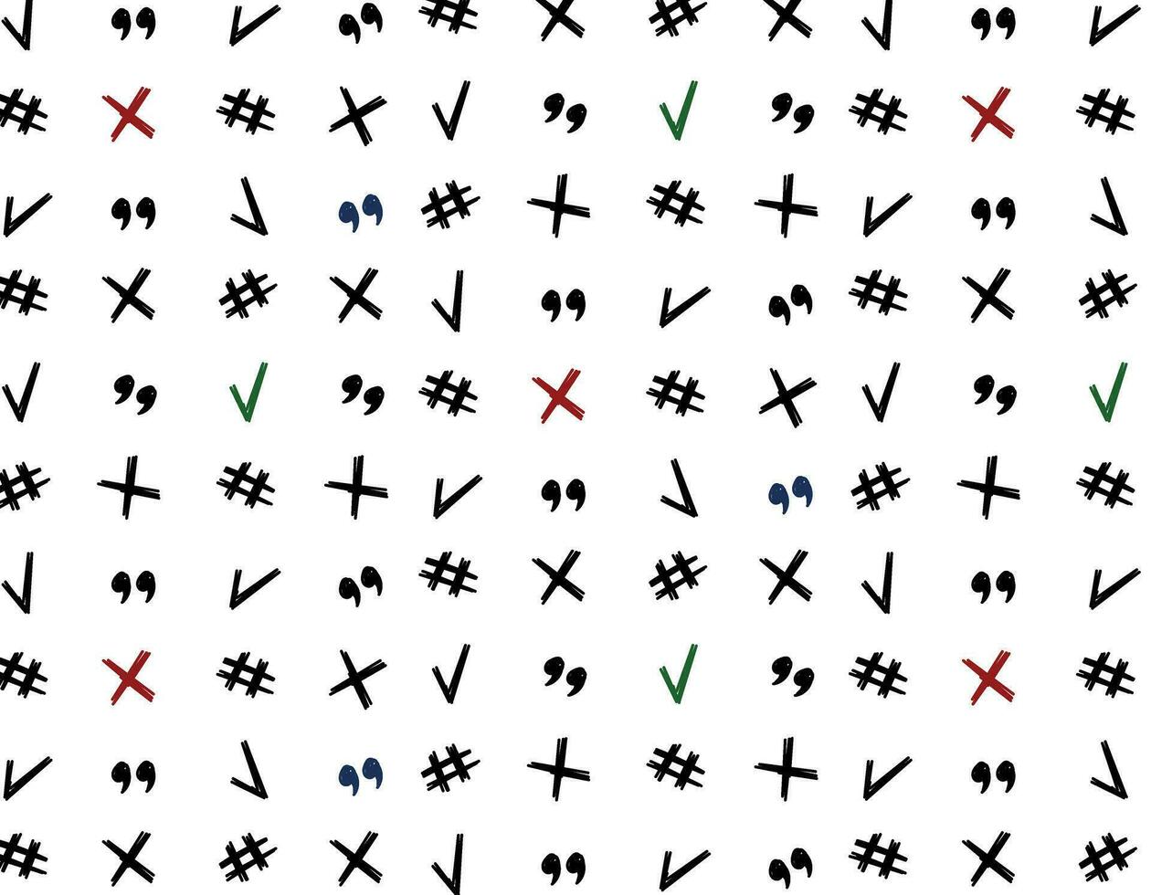 nahtlos Muster von Gekritzel Zeichen, illustrativ Elemente, Häkchen, kreuzen, Zitat markiert. Mathematik Muster, Minimalismus, Vektor