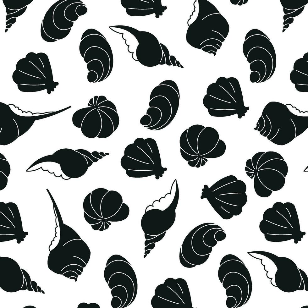 mönster av svart snäckskal på en transparent bakgrund, marin design, hav skal. sömlös mönster vektor