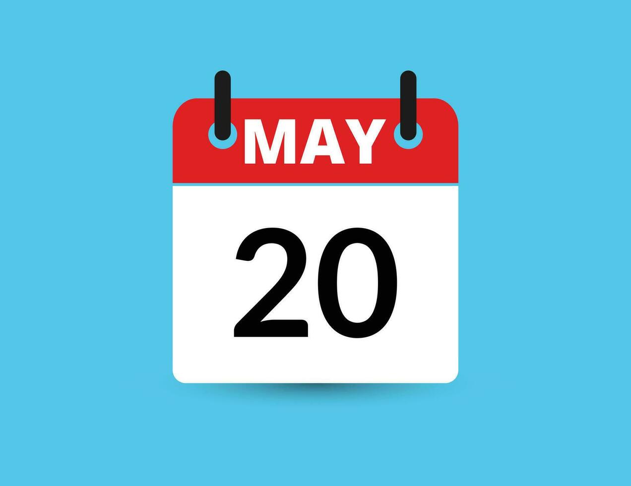 Maj 20. platt ikon kalender isolerat på blå bakgrund. datum och månad vektor illustration
