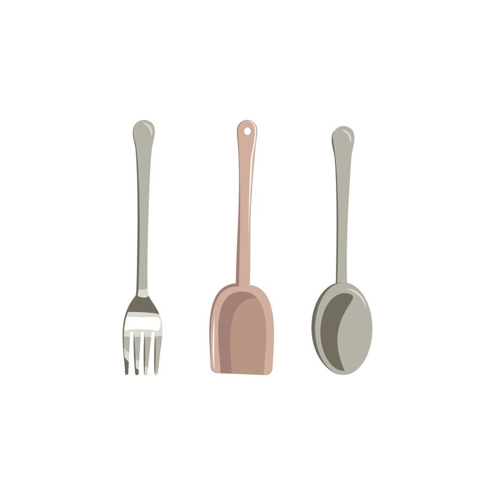 uppsättning köksobjekt, gaffel, sked och spatel vektor